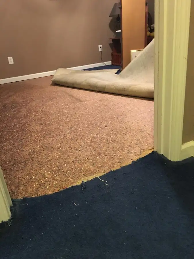 Carpet pad removal revealing water damage during Drying & Dehumidification in Fruitridge Pocket